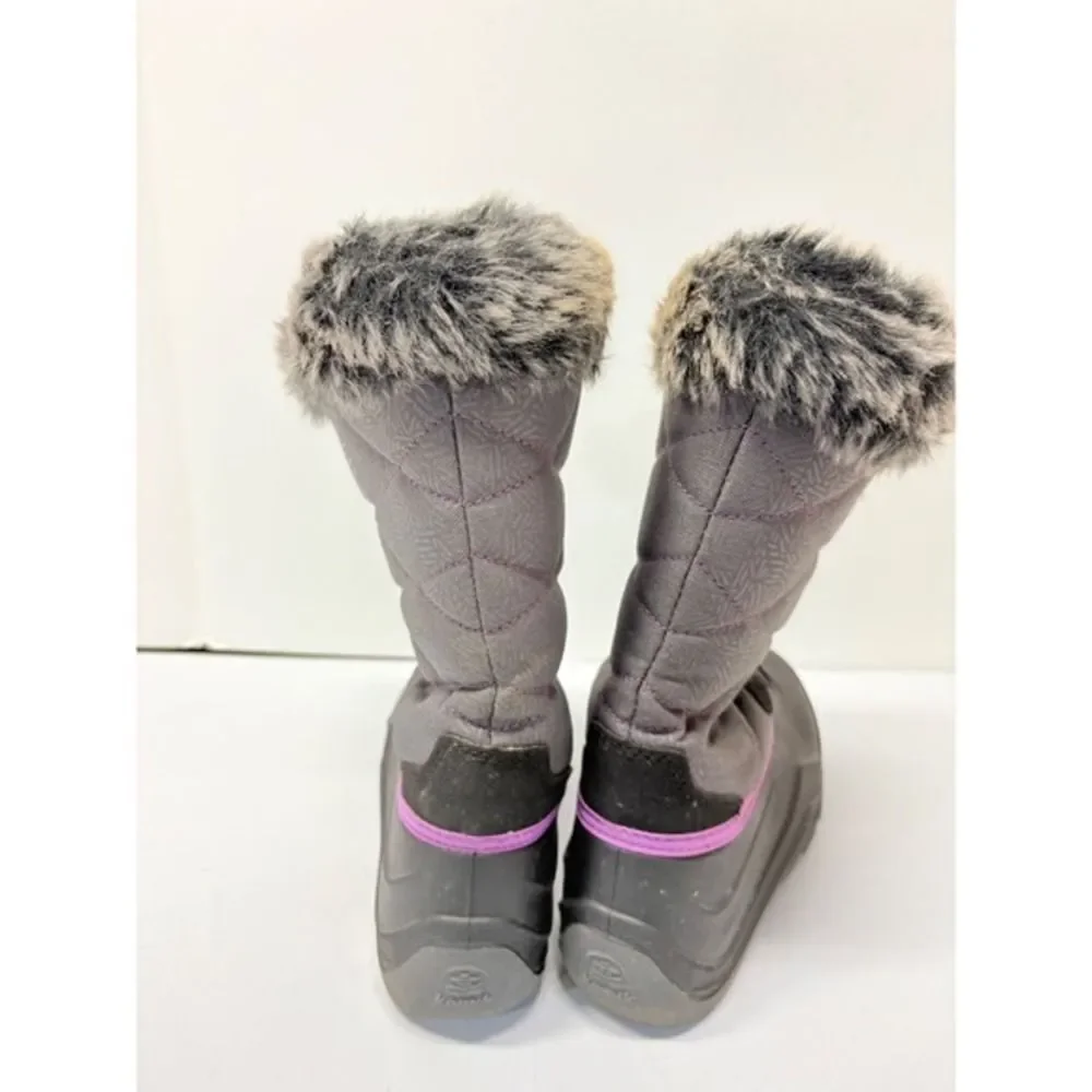 Kamik Winter Boots Kids Size 2 Gray Purple Faux Fur Trim Waterproof Quilted